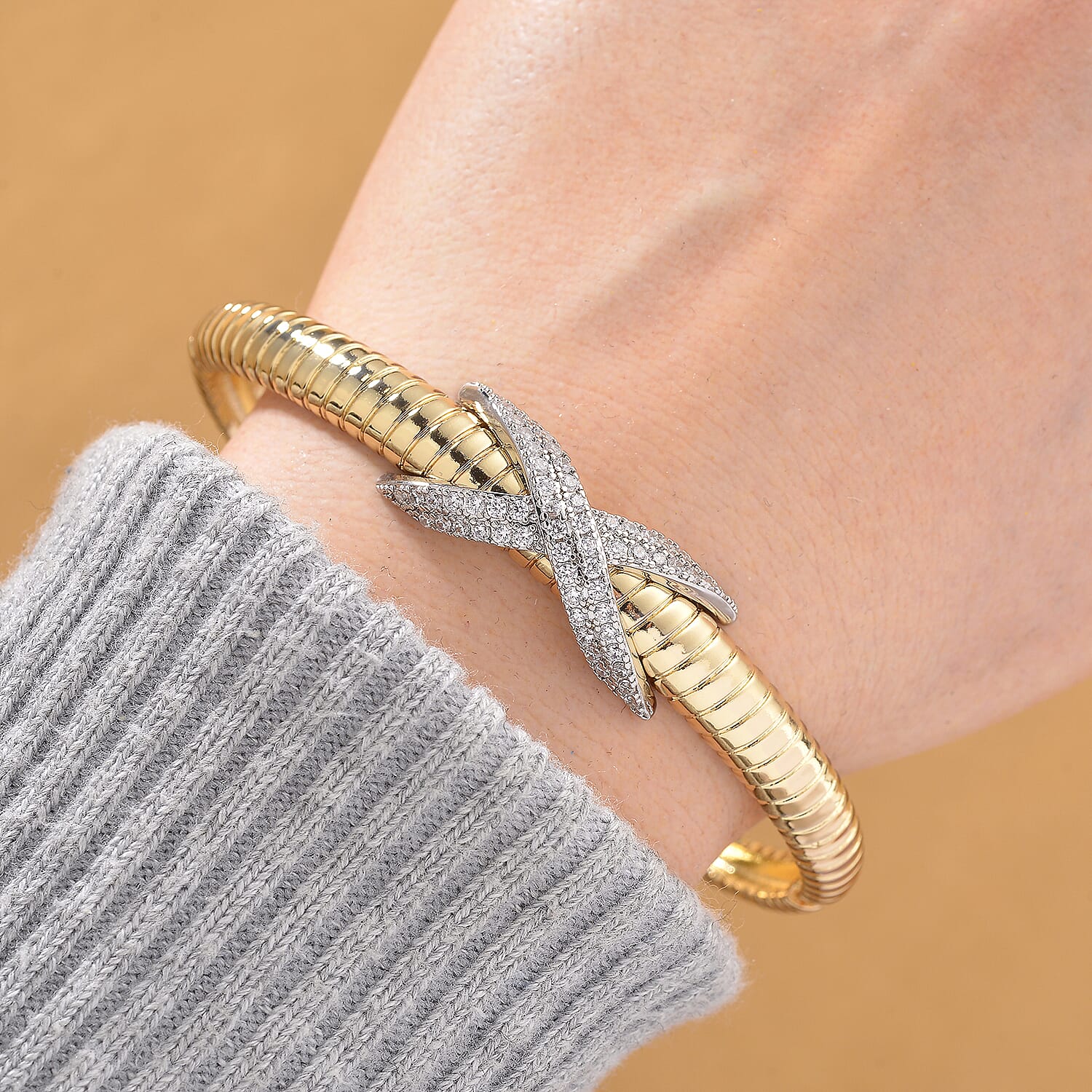 Designer Inspired- White Cubic Zirconia Bangle (Size - 7.5) in White & Yellow Gold Tone