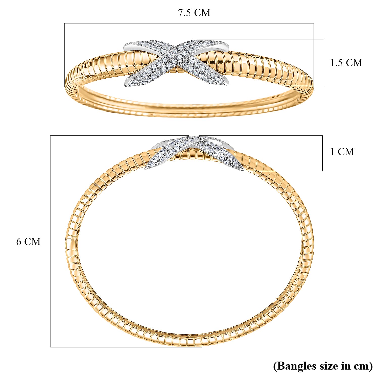 Designer Inspired- White Cubic Zirconia Bangle (Size - 7.5) in White & Yellow Gold Tone