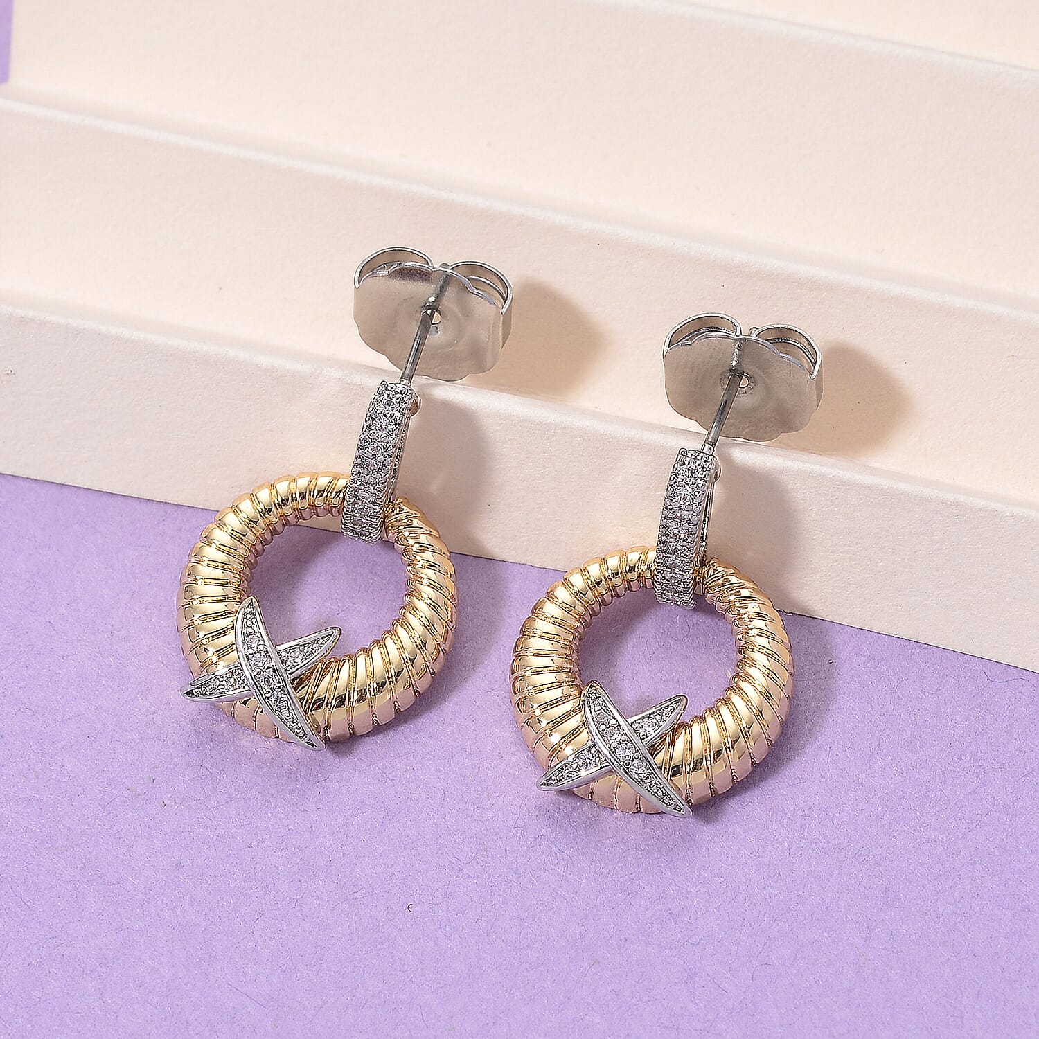 Designer Inspired- White Cubic Zirconia Earring with Push Back in White & Yellow Gold Tone