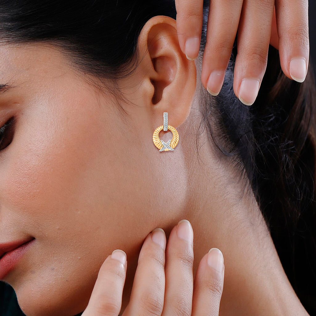 Designer Inspired- White Cubic Zirconia Earring with Push Back in White & Yellow Gold Tone