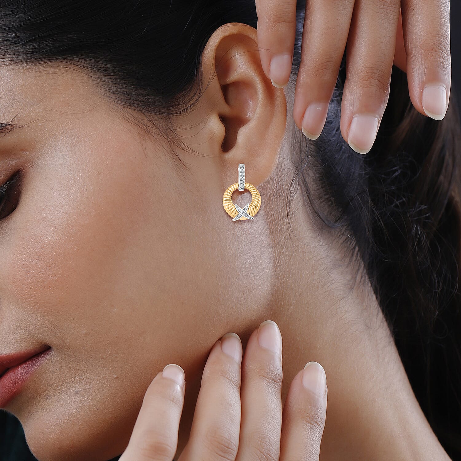 Designer Inspired- White Cubic Zirconia Earring with Push Back in White & Yellow Gold Tone