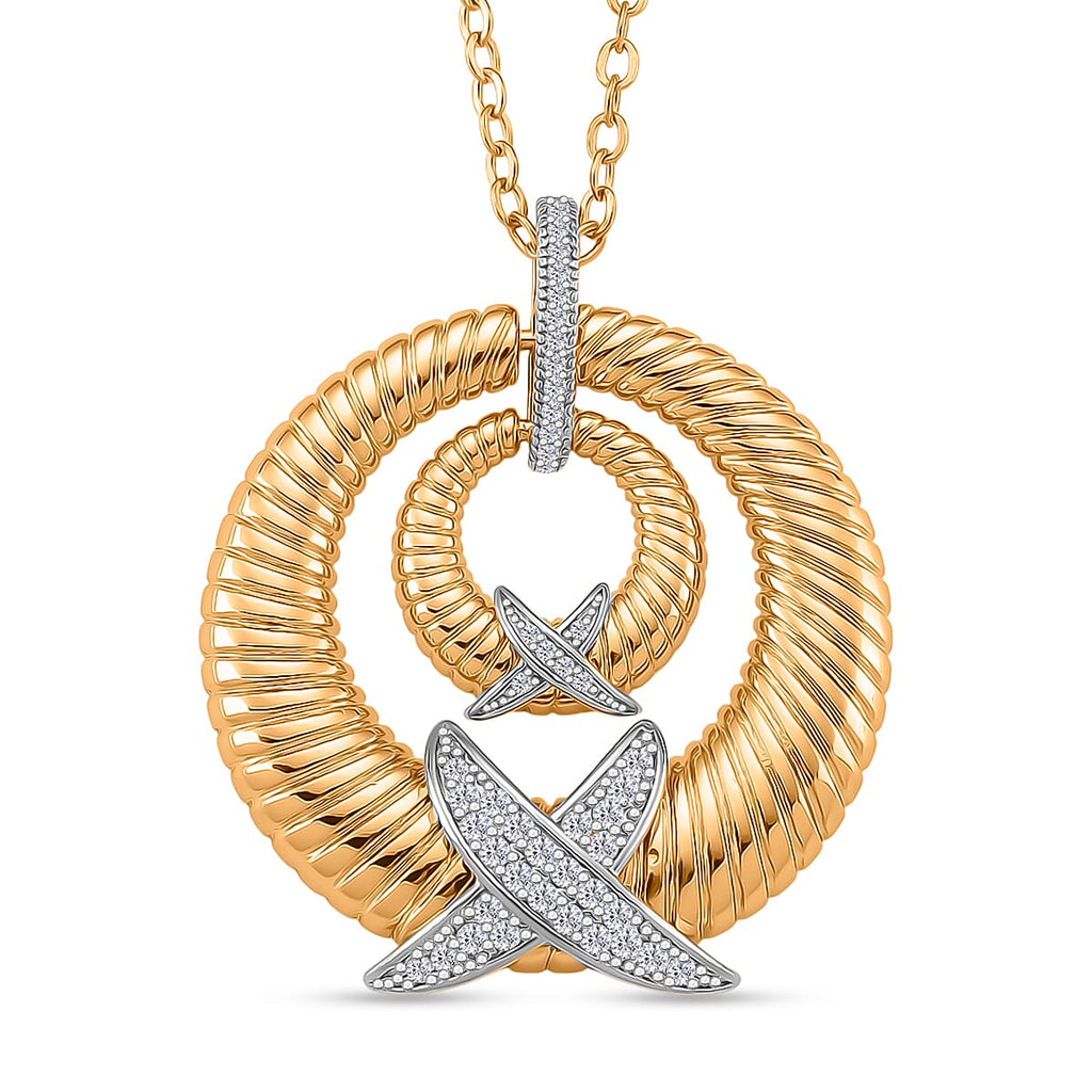 Designer Inspired- White Cubic Zirconia Pendant with Chain (Size 20-2 Ext) in White & Yellow Gold Tone