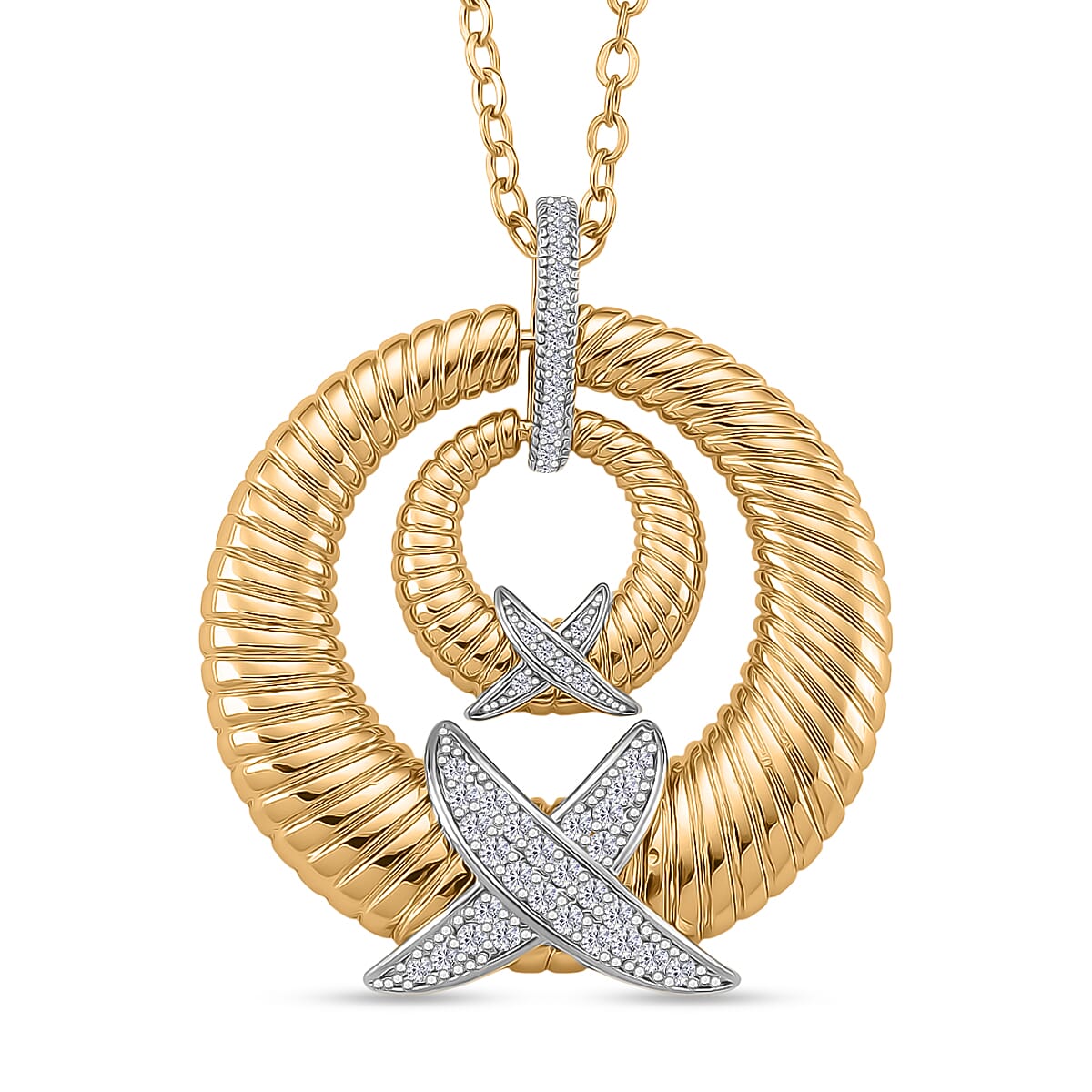 Designer Inspired- White Cubic Zirconia Pendant with Chain (Size 20-2 Ext) in White & Yellow Gold Tone