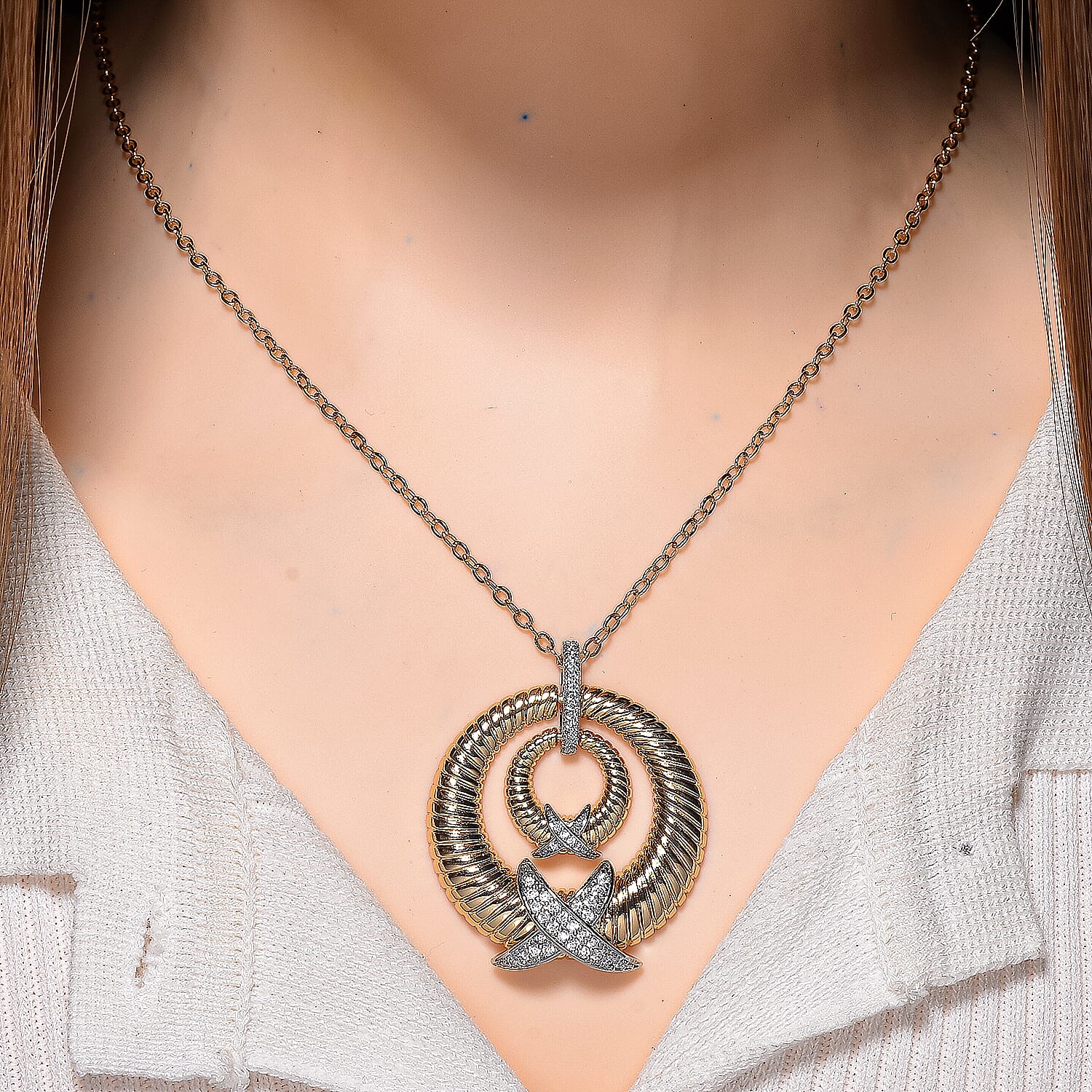 Designer Inspired- White Cubic Zirconia Pendant with Chain (Size 20-2 Ext) in White & Yellow Gold Tone