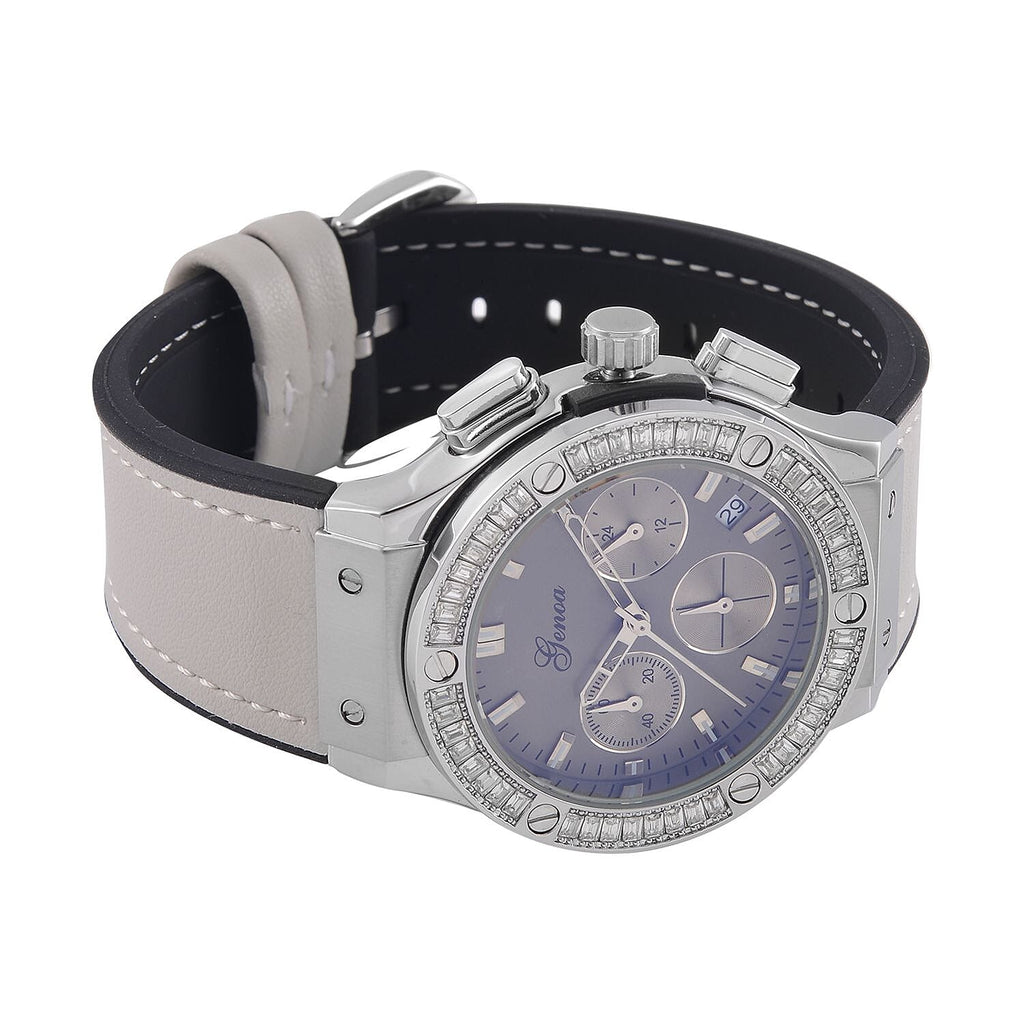 GENOA Time V2 Multifunction Movement Embellished with White CZ WR Watch in Silver Tone with Grey Silicone Strap