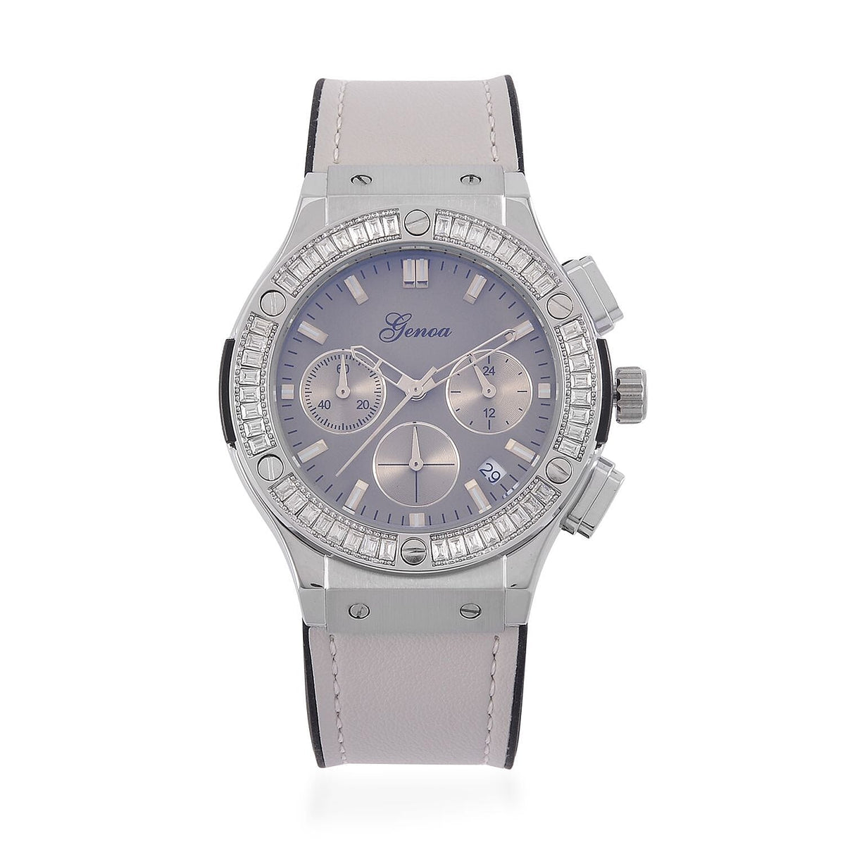 GENOA Time V2 Multifunction Movement Embellished with White CZ WR Watch in Silver Tone