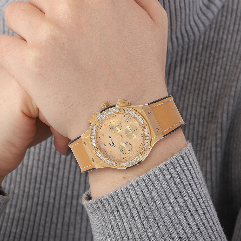 GENOA Time V2 Multifunction Movement Embellished with White CZ WR Watch in Gold Tone with Gold Silicon Strap