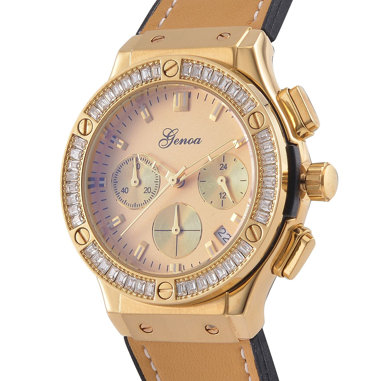 GENOA Time V2 Multifunction Movement Embellished with White CZ WR Watch in Gold Tone with Gold Silicon Strap