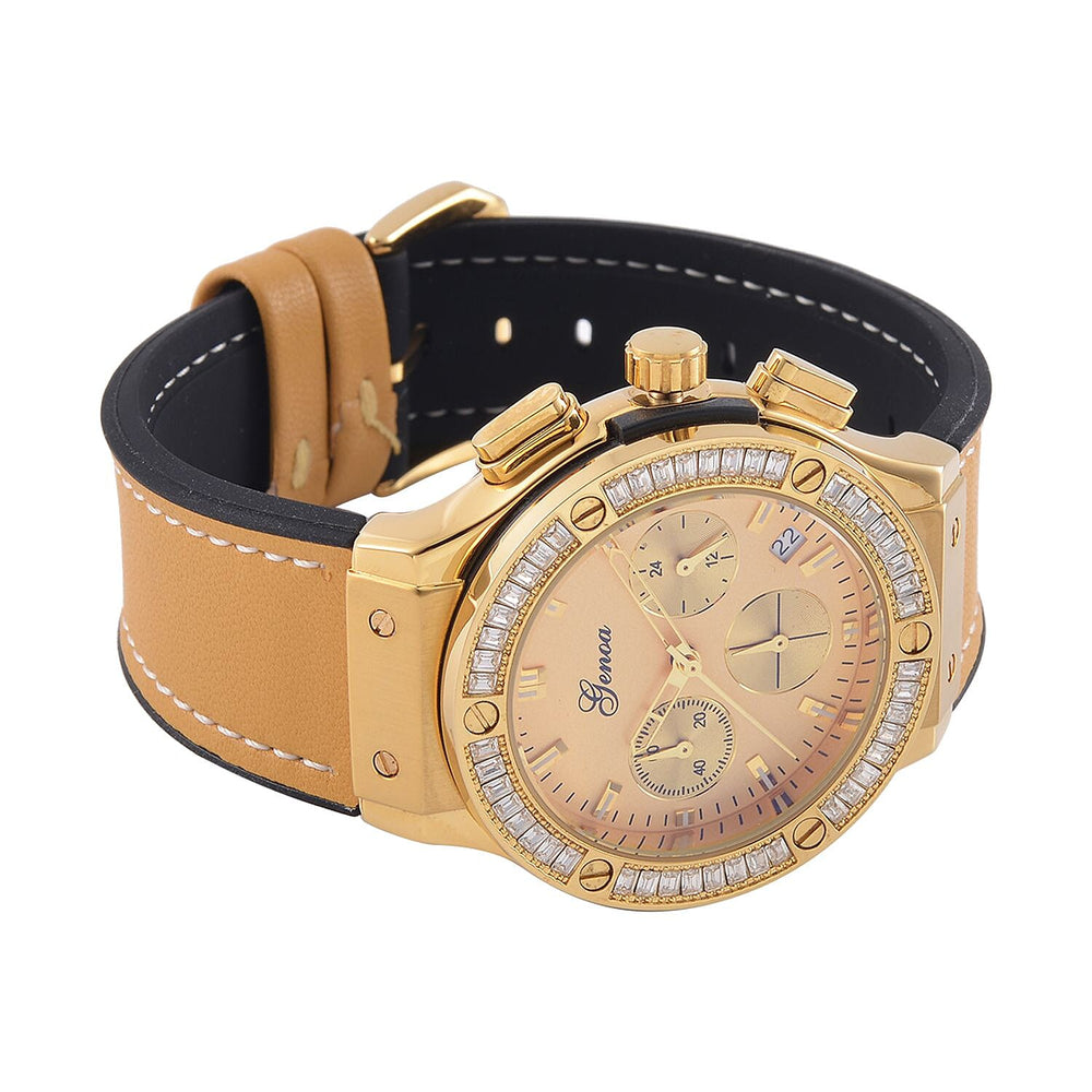 GENOA Time V2 Multifunction Movement Embellished with White CZ WR Watch in Gold Tone with Gold Silicon Strap