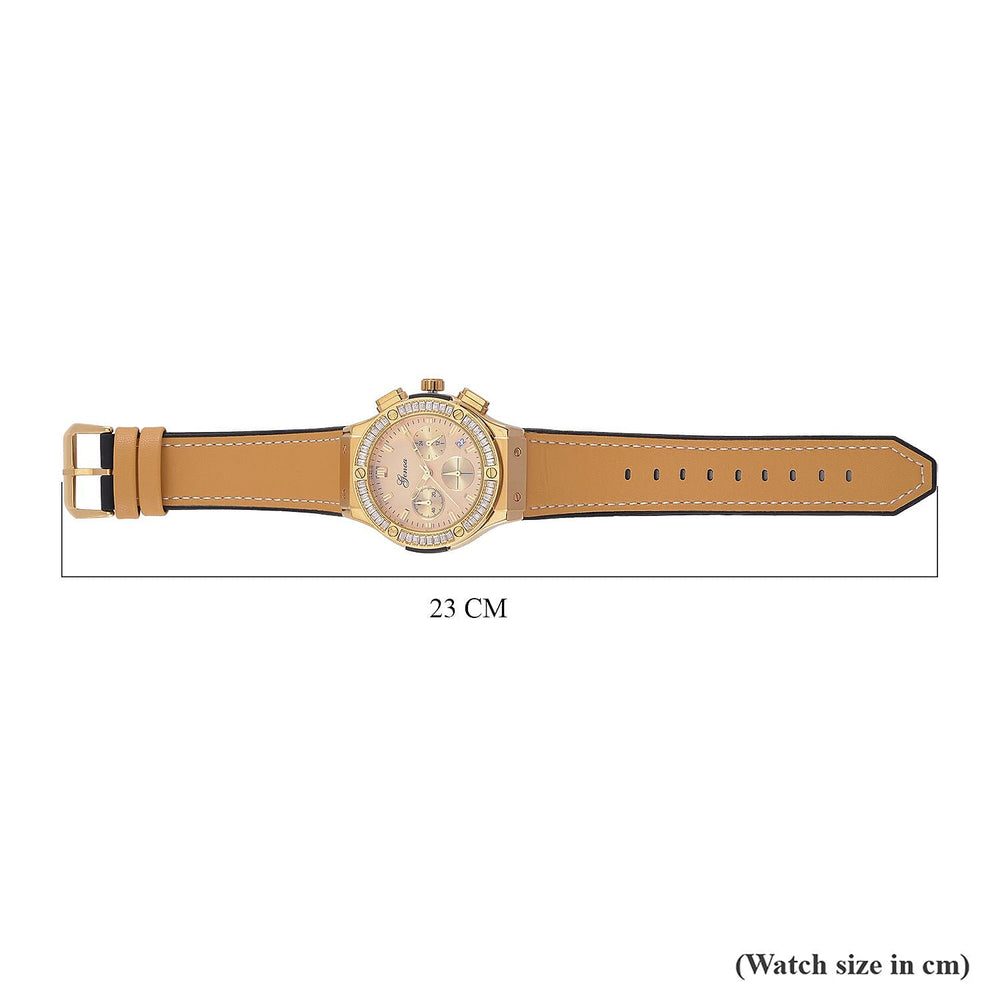 GENOA Time V2 Multifunction Movement Embellished with White CZ WR Watch in Gold Tone with Gold Silicon Strap
