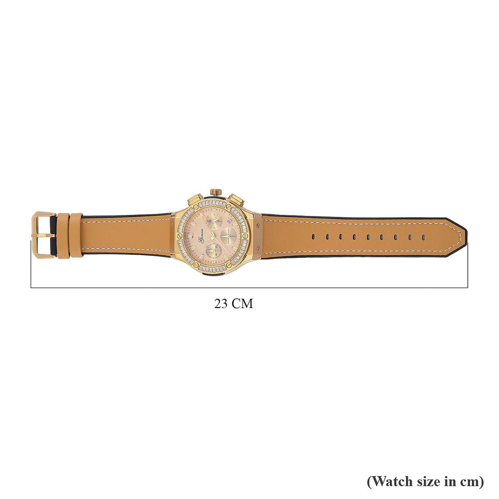 GENOA Time V2 Multifunction Movement Embellished with White CZ WR Watch in Gold Tone with Gold Silicon Strap