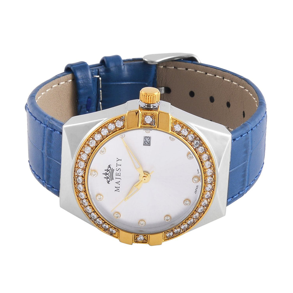 MAJESTY Miyota 2115 With White CZ 36mm White Sunshine Dial in Dual Tone 3ATM WR Watch With Blue Genuine Leather Strap