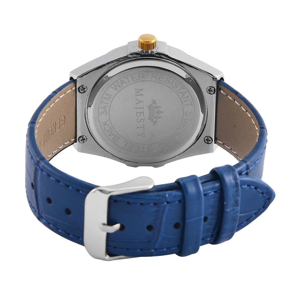 MAJESTY Miyota 2115 With White CZ 36mm White Sunshine Dial in Dual Tone 3ATM WR Watch With Blue Genuine Leather Strap