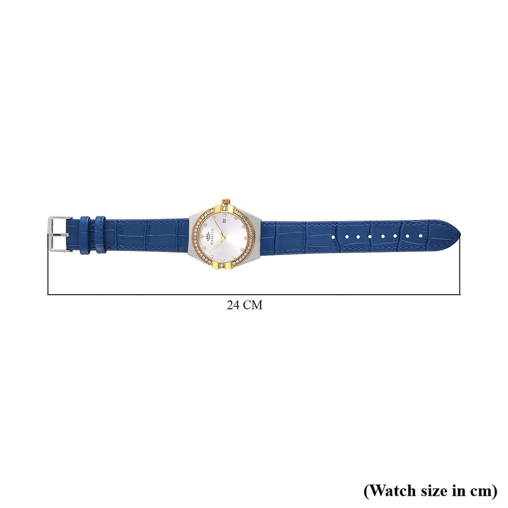 MAJESTY Miyota 2115 With White CZ 36mm White Sunshine Dial in Dual Tone 3ATM WR Watch With Blue Genuine Leather Strap