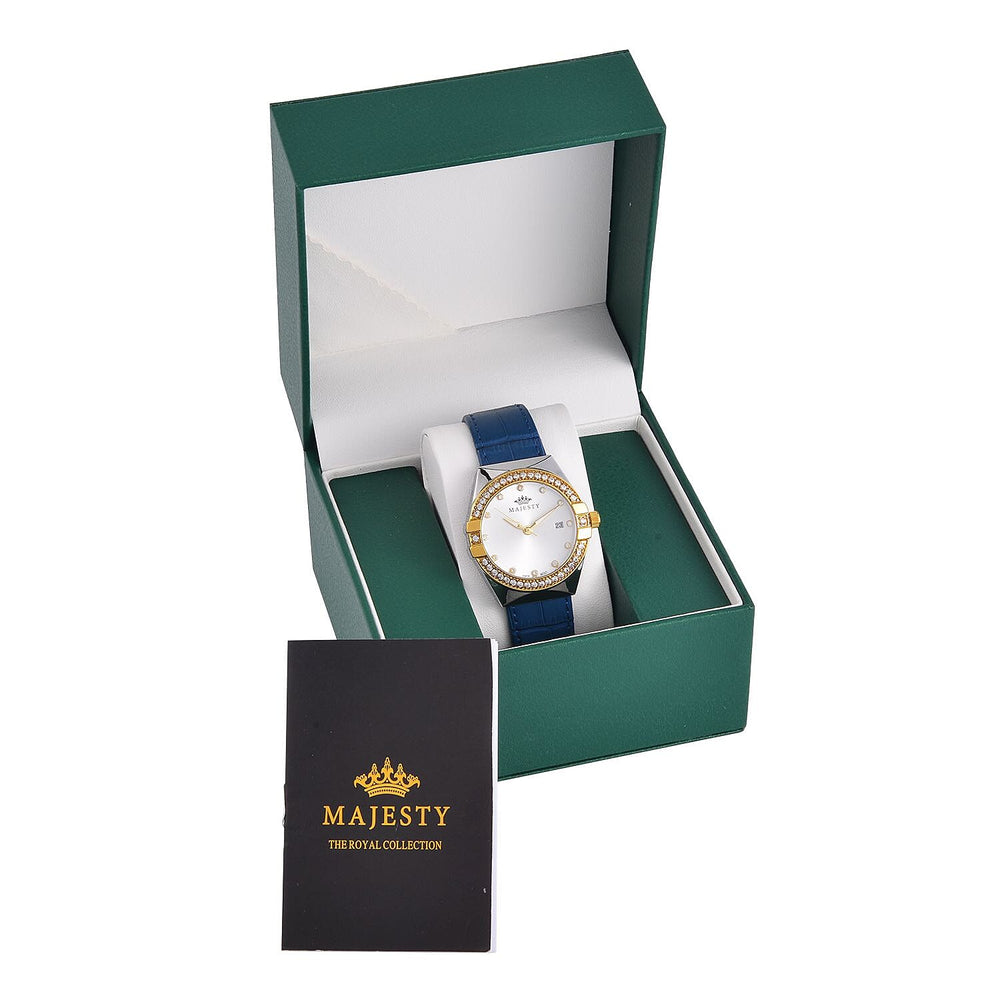 MAJESTY Miyota 2115 With White CZ 36mm White Sunshine Dial in Dual Tone 3ATM WR Watch With Blue Genuine Leather Strap