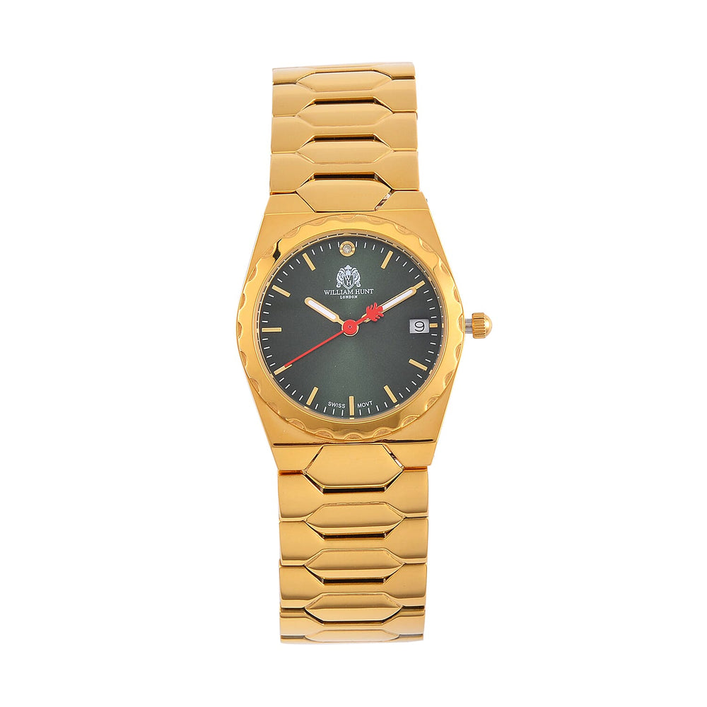 William Hunt Swiss Movt. Diamond Studded 5 ATM Water Resist. Ladies Watch with Green Dial and Yellow Gold Tone in stainless Steel