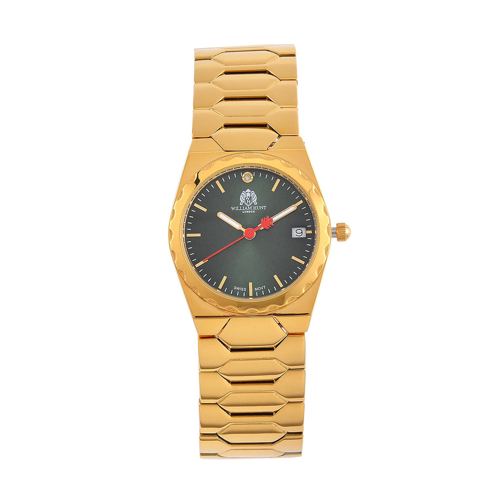William Hunt Swiss Movt. Diamond Studded 5 ATM Water Resist. Ladies Watch with Green Dial and Yellow Gold Tone in stainless Steel