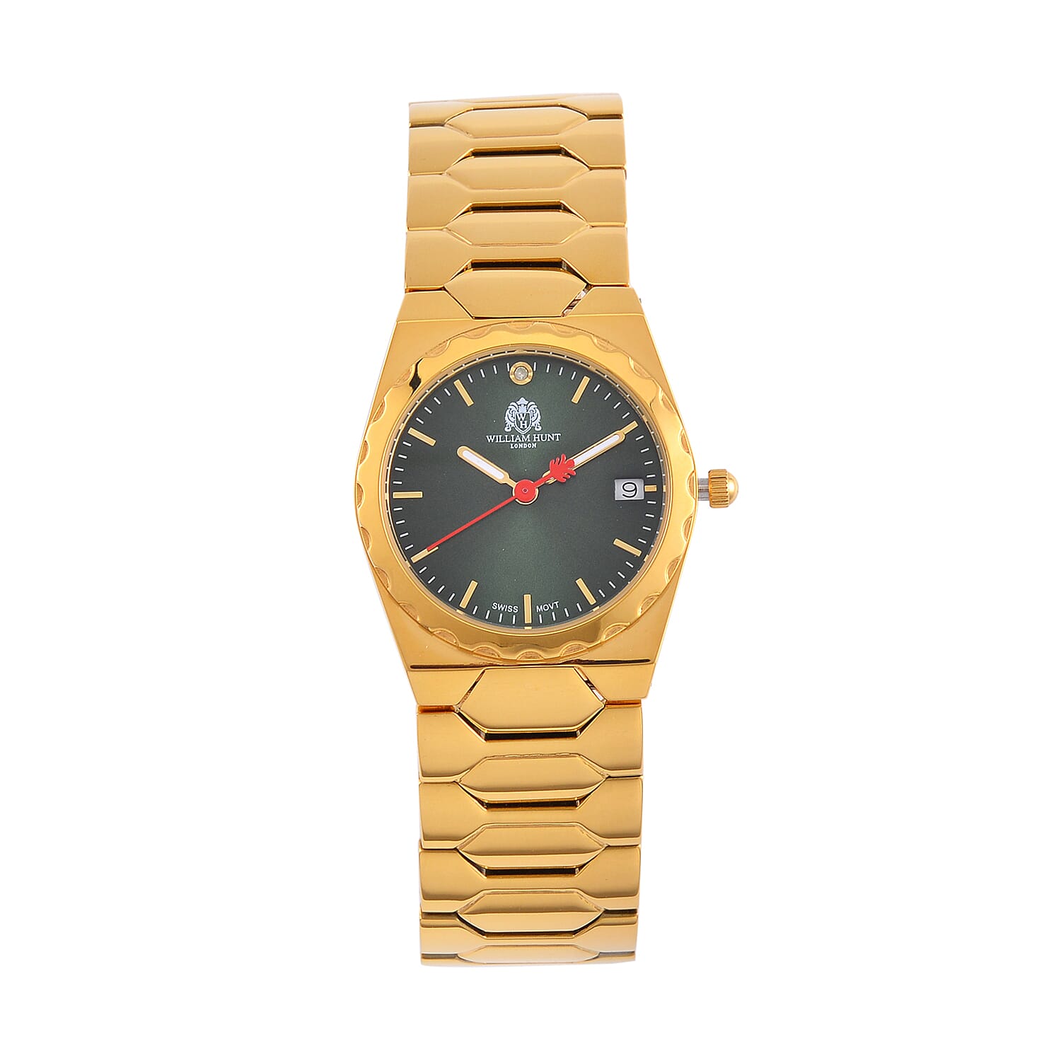 William Hunt Swiss Movt. Diamond Studded 5 ATM Water Resist. Ladies Watch with Green Dial and Yellow Gold Tone in stainless Steel
