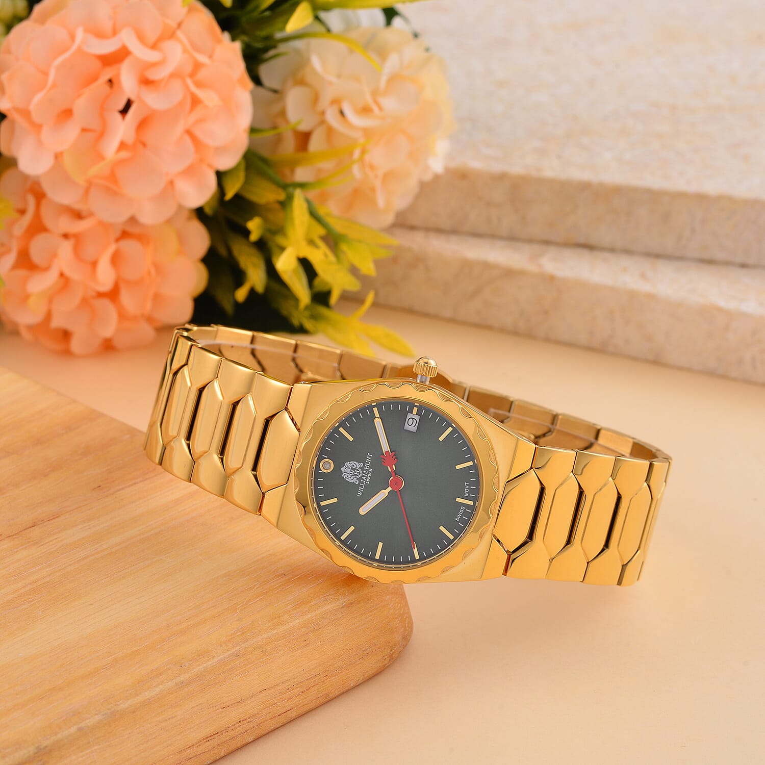 William Hunt Swiss Movt. Diamond Studded 5 ATM Water Resist. Ladies Watch with Green Dial and Yellow Gold Tone in stainless Steel