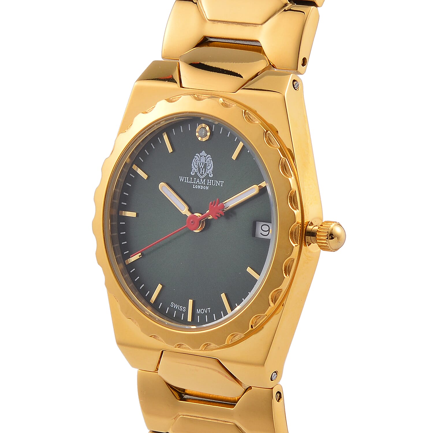 William Hunt Swiss Movt. Diamond Studded 5 ATM Water Resist. Ladies Watch with Green Dial and Yellow Gold Tone in stainless Steel