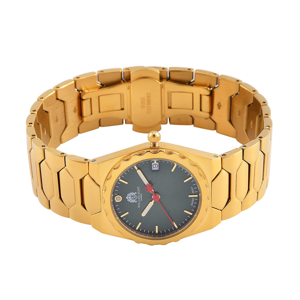 William Hunt Swiss Movt. Diamond Studded 5 ATM Water Resist. Ladies Watch with Green Dial and Yellow Gold Tone in stainless Steel