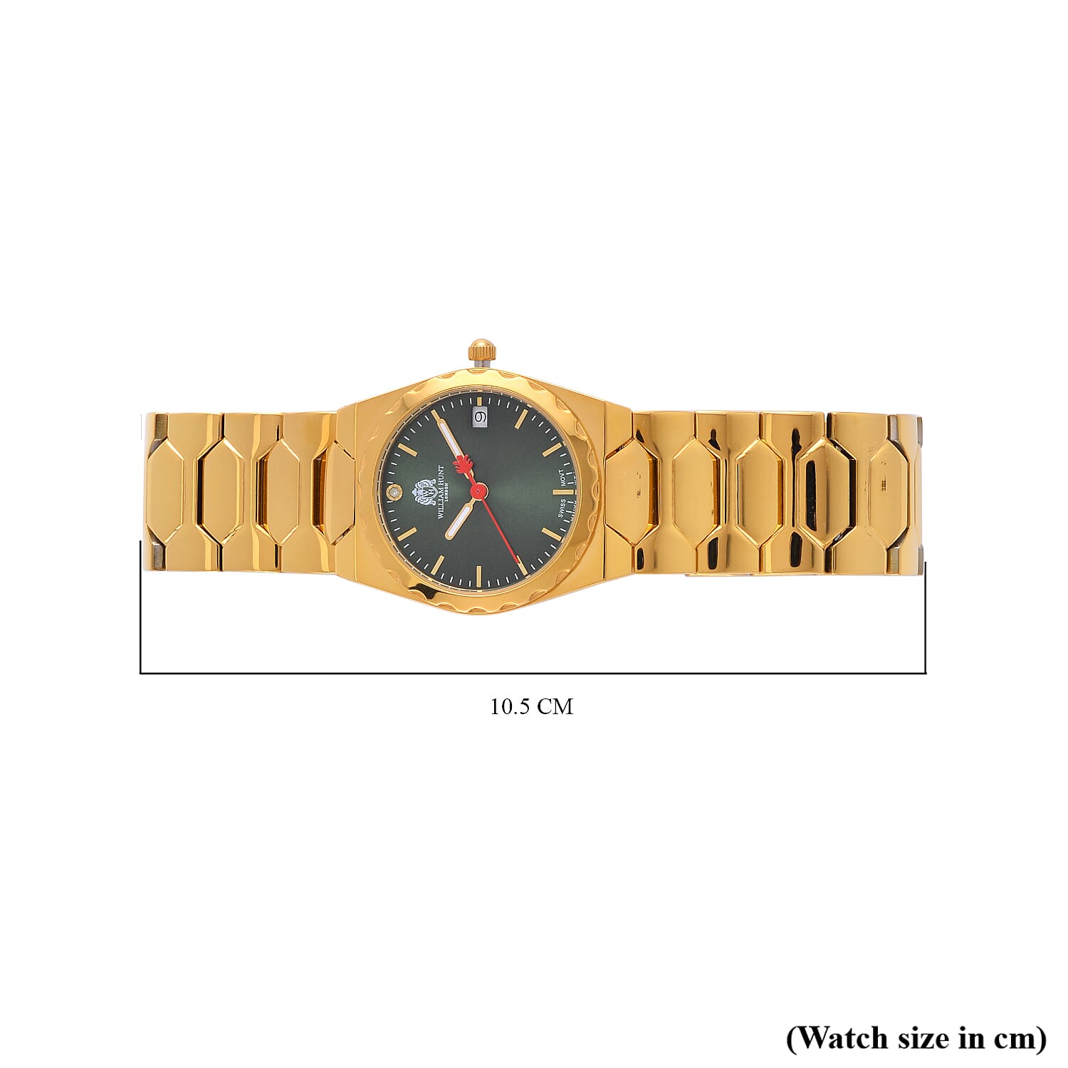 William Hunt Swiss Movt. Diamond Studded 5 ATM Water Resist. Ladies Watch with Green Dial and Yellow Gold Tone in stainless Steel