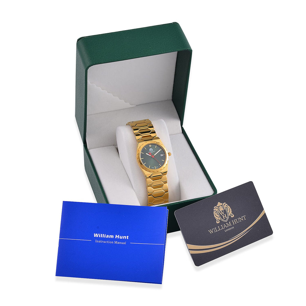 William Hunt Swiss Movt. Diamond Studded 5 ATM Water Resist. Ladies Watch with Green Dial and Yellow Gold Tone in stainless Steel