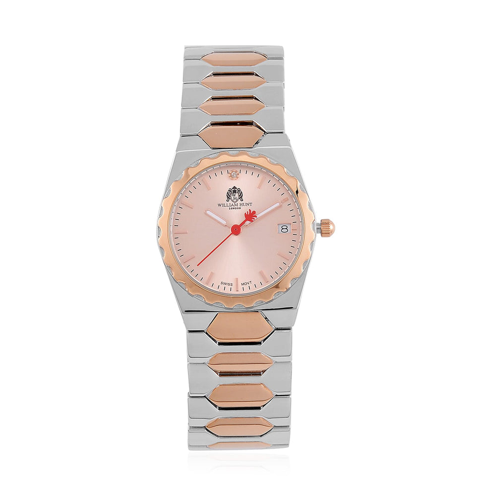 William Hunt Swiss Movement Diamond Studded Ladies Watch with Rose Dial and Rose Gold Tone