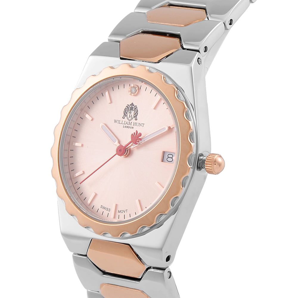 William Hunt Swiss Movement Diamond Studded Ladies Watch with Rose Dial and Rose Gold Tone