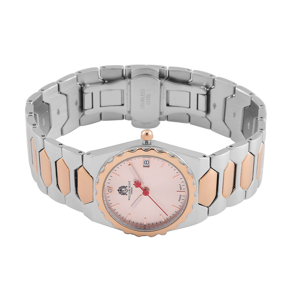 William Hunt Swiss Movement Diamond Studded Ladies Watch with Rose Dial and Rose Gold Tone