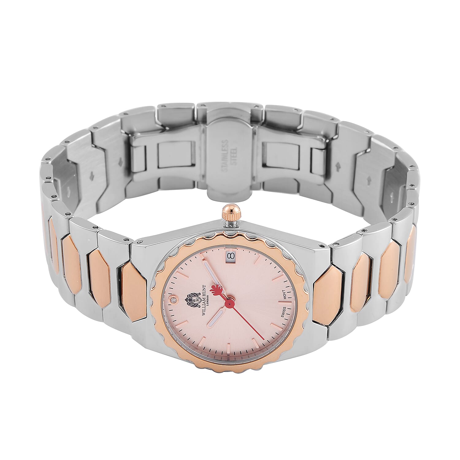 William Hunt Swiss Movement Diamond Studded Ladies Watch with Rose Dial and Rose Gold Tone