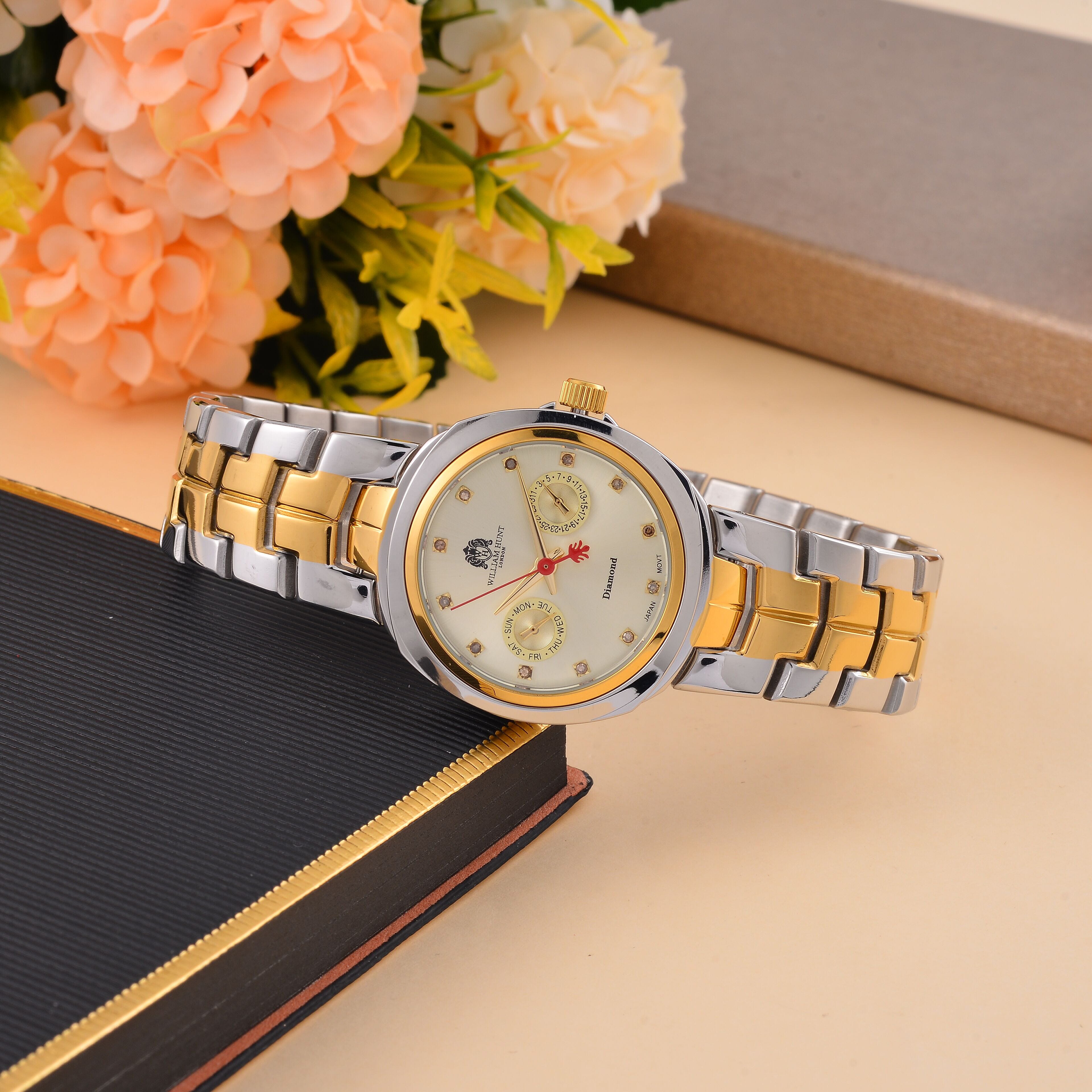 William Hunt - Champagne Diamond Studded Japan Movt. 5ATM WR Watch with Dual Tone Stainless Steel Chain Strap