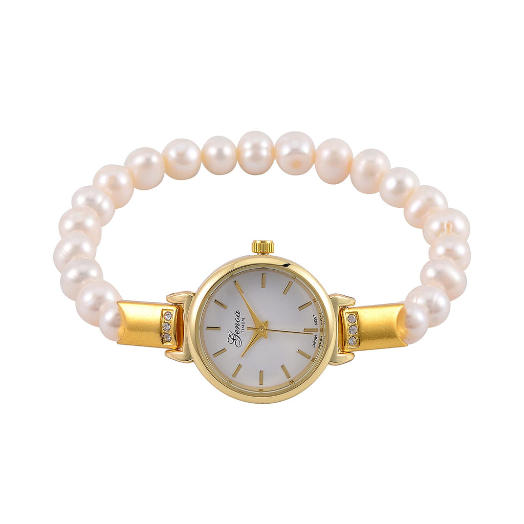 GENOA TIME V2 Miyota 2035 Japan Movt. Gold Plated White Dial 3 ATM WR Female Watch with White Freshwater Pearl Strap