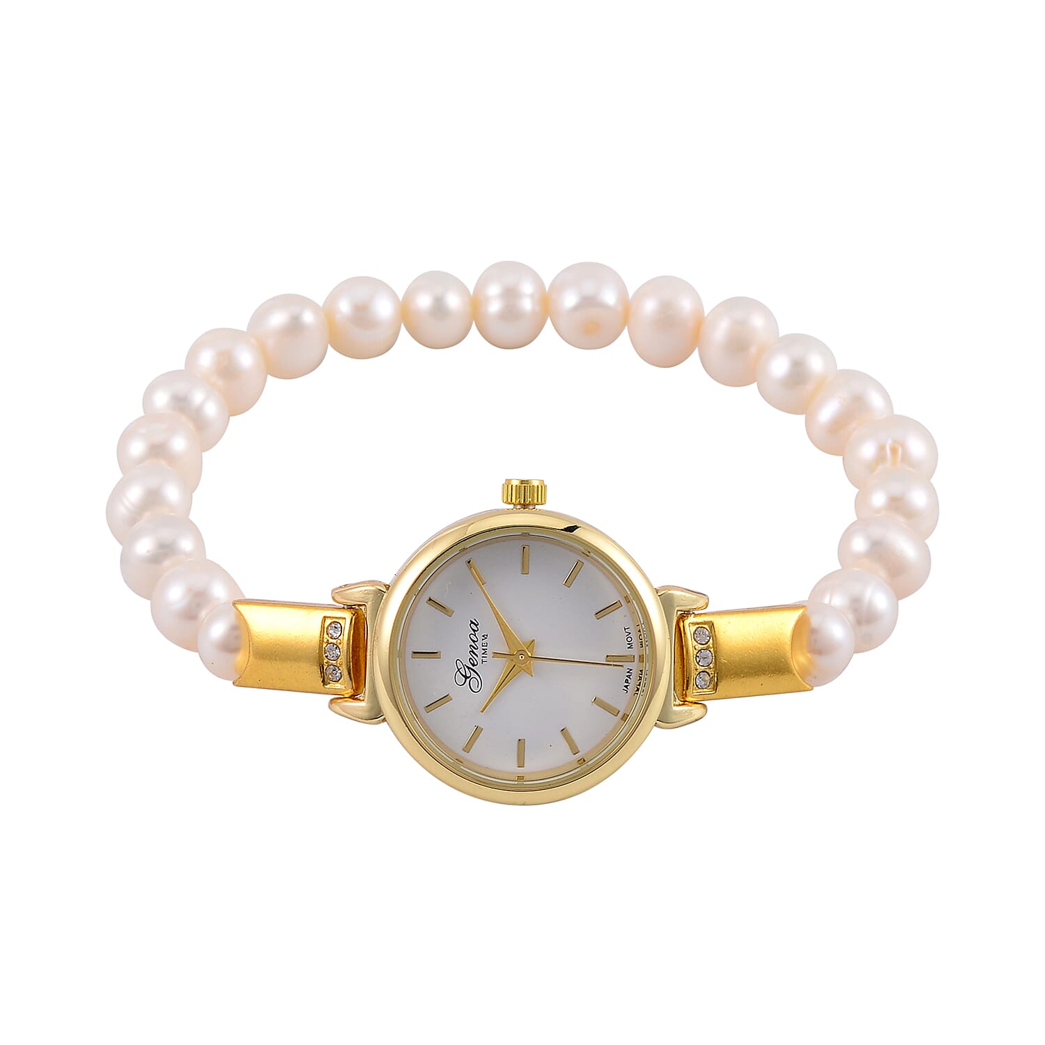 GENOA TIME V2 Miyota 2035 Japan Movt. Gold Plated White Dial 3 ATM WR Female Watch with White Freshwater Pearl Strap