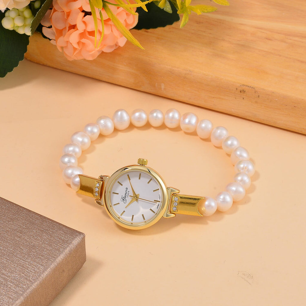 GENOA TIME V2 Miyota 2035 Japan Movt. Gold Plated White Dial 3 ATM WR Female Watch with White Freshwater Pearl Strap
