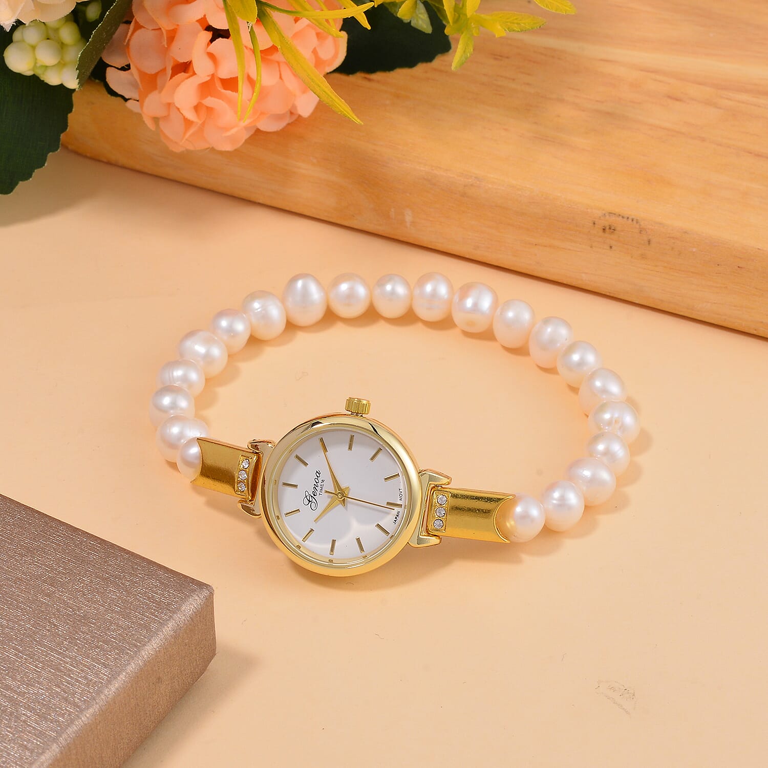 GENOA TIME V2 Miyota 2035 Japan Movt. Gold Plated White Dial 3 ATM WR Female Watch with White Freshwater Pearl Strap