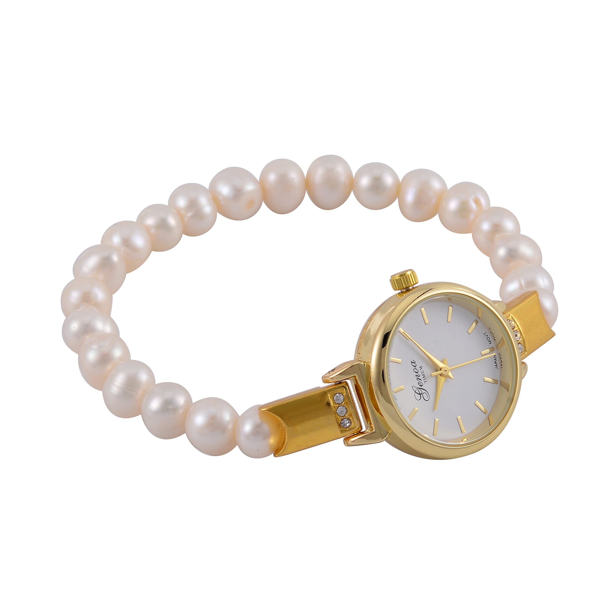 GENOA TIME V2 Miyota 2035 Japan Movt. Gold Plated White Dial 3 ATM WR Female Watch with White Freshwater Pearl Strap