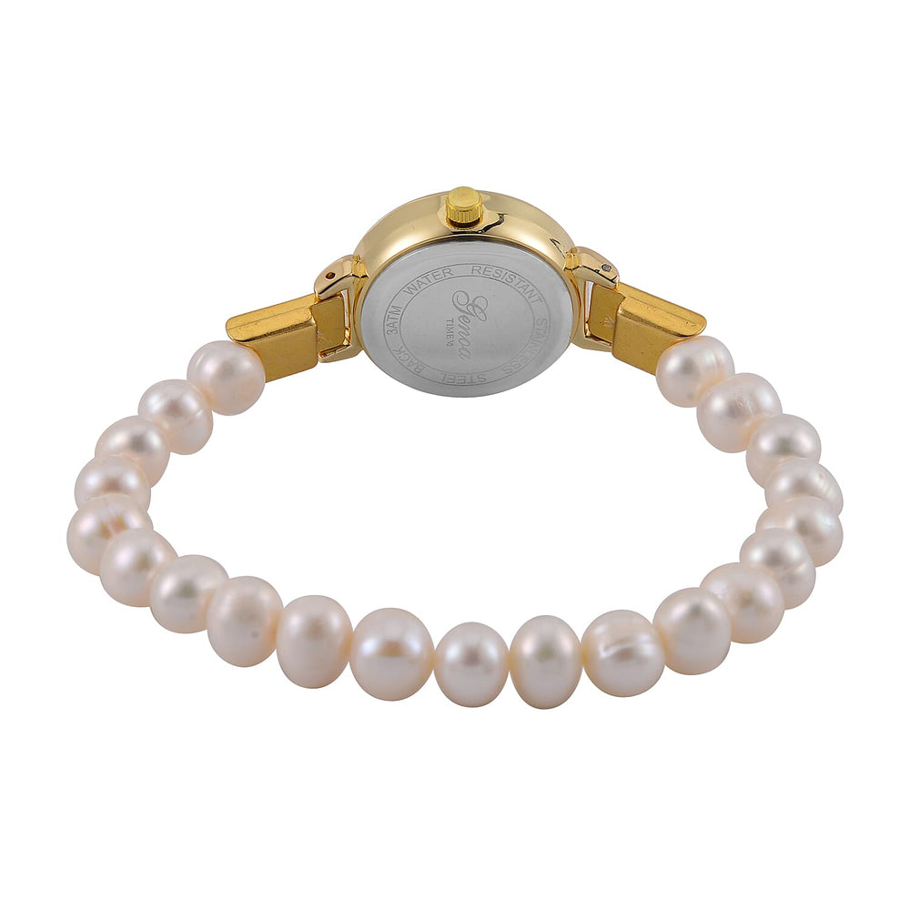 GENOA TIME V2 Miyota 2035 Japan Movt. Gold Plated White Dial 3 ATM WR Female Watch with White Freshwater Pearl Strap