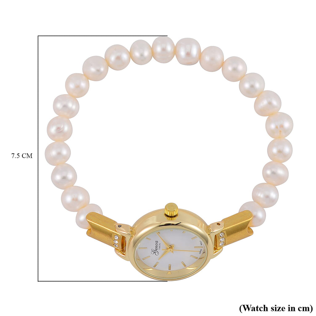 GENOA TIME V2 Miyota 2035 Japan Movt. Gold Plated White Dial 3 ATM WR Female Watch with White Freshwater Pearl Strap