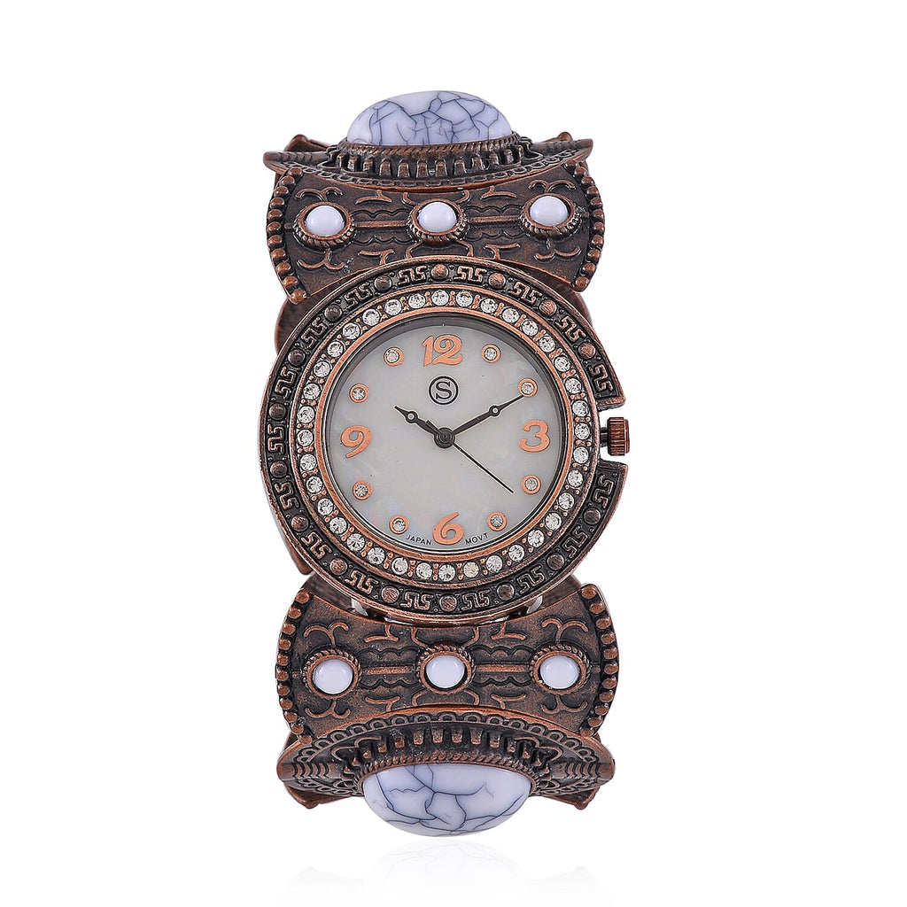 STRADA Japan Movt. White Dial Black Oxidised Crystal Studded Watch with White Bracelet
