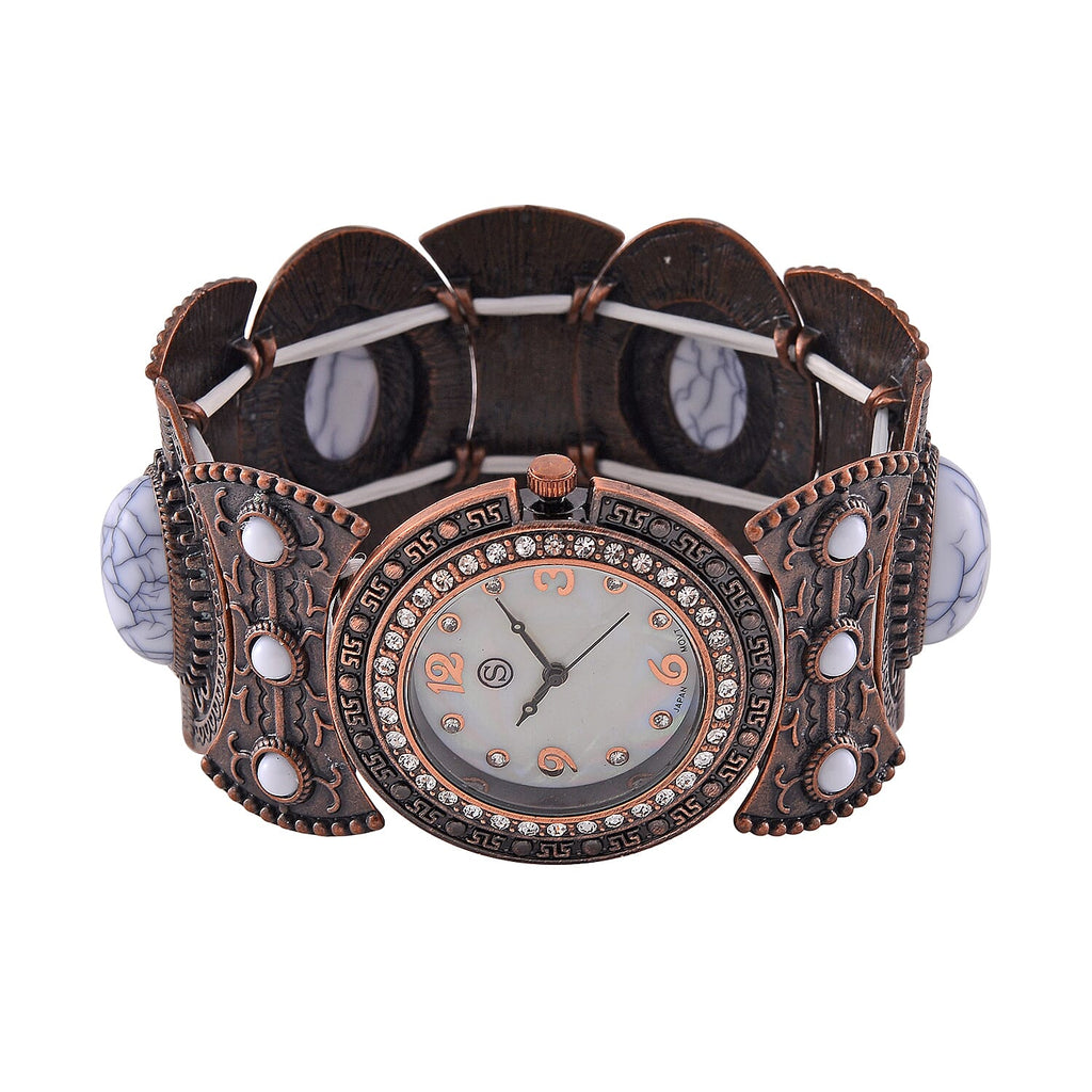 STRADA Japan Movt. White Dial Black Oxidised Crystal Studded Watch with White Bracelet