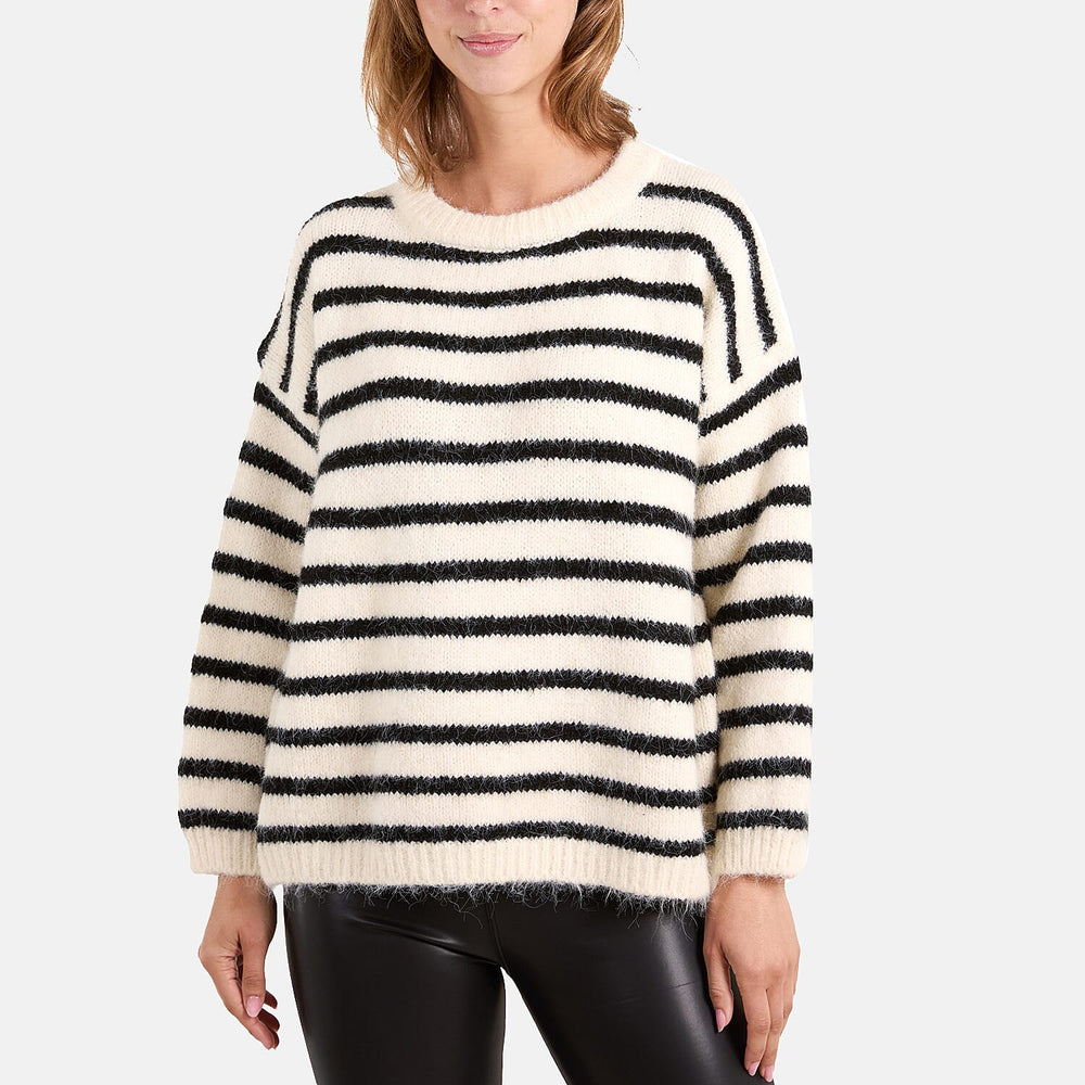 Wildflower Oversized Super Soft Knit Round Neck Stripe Jumper (One Size) - Stone