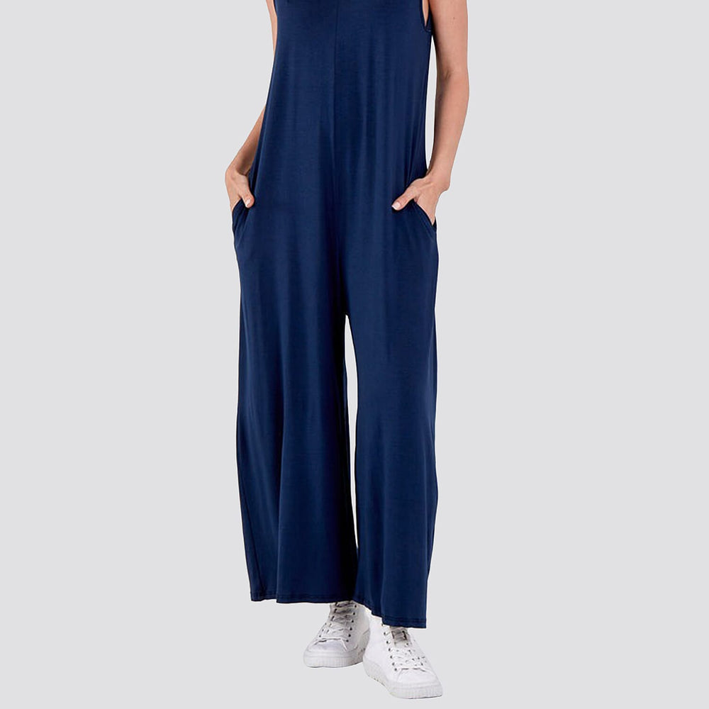 Plain V-Neck Sleeveless Jumpsuit (One Size) - Navy