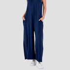 Plain V-Neck Sleeveless Jumpsuit (One Size) - Navy