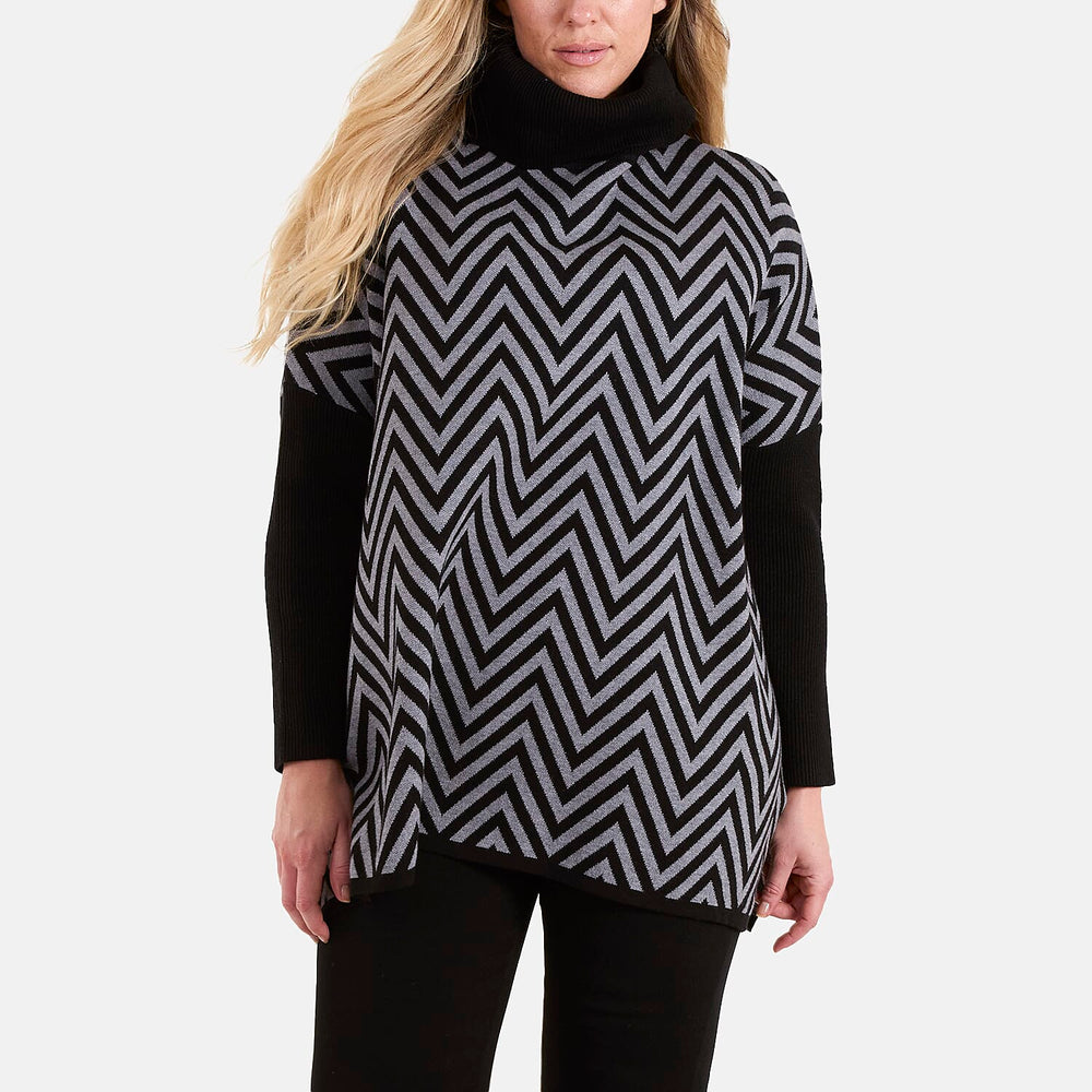Wild Flower Zig-Zag Pattern Roll Neck Jumper (One Size) - Stone Black