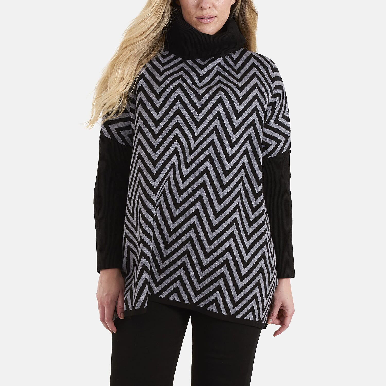 Wild Flower Zig-Zag Pattern Roll Neck Jumper (One Size) - Stone Black