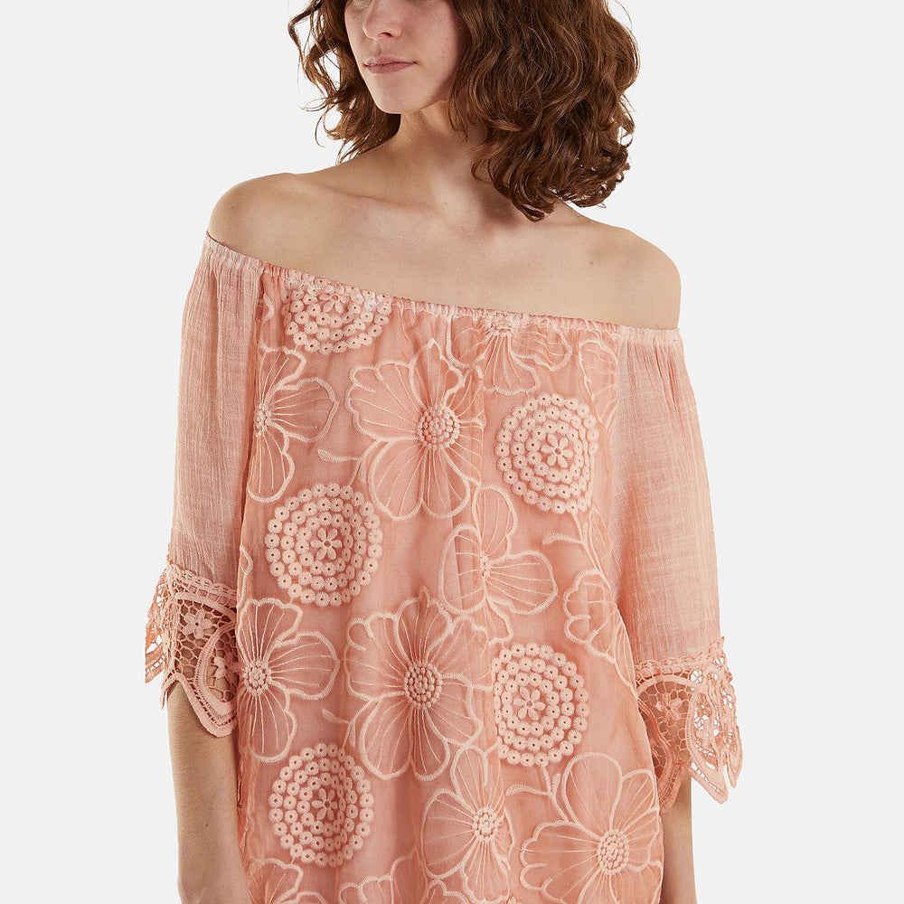 WildFlower Bardot Cold Wash Floral Off Shoulder Lace Tunic Top(Size M-L) - Peach