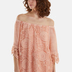 WildFlower Bardot Cold Wash Floral Off Shoulder Lace Tunic Top(Size M-L) - Peach