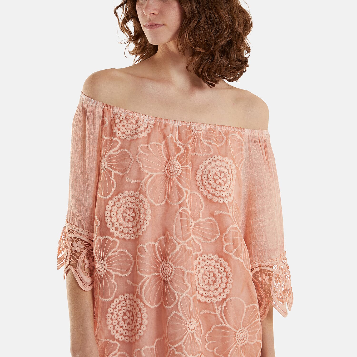 WildFlower Bardot Cold Wash Floral Off Shoulder Lace Tunic Top(Size S-M) - Peach