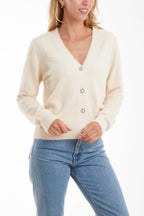 WildFlower V-Neck Diamanate Button Cardigan (Size S-M) - Ivory